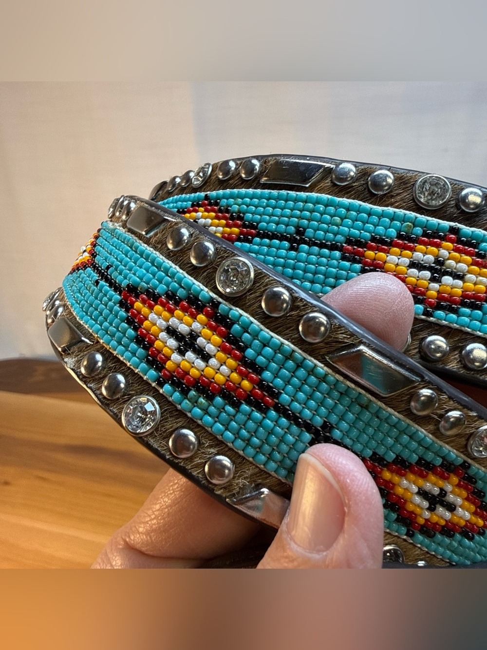 Ariat Leather Beaded Rhinestone Bare Belt Sz L Hide Hair Western Turquoise Boho - Picture 5 of 16